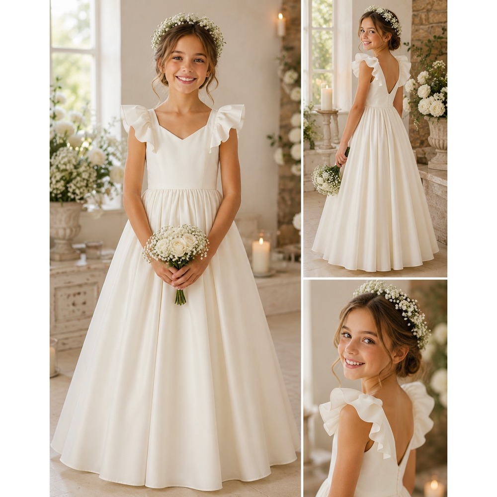 Azazie Ivory Flower Girl Dress Size 8 Wedding Flutter Sleeve V-back Formal Party